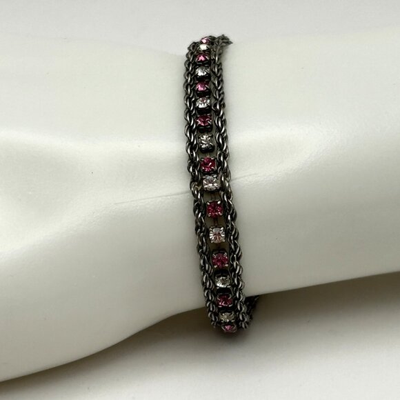 Vintage Sterling Silver 925 Rope Chain Bracelet Pink & Clear Rhinestones 7.25” - Picture 11 of 11